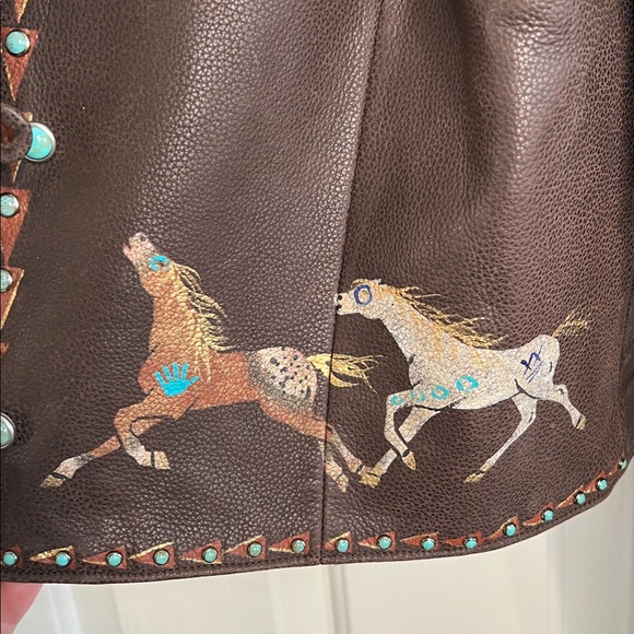 Patricia Wolf brown leather horses jacket turquoise stone details women’s large - Picture 6 of 12